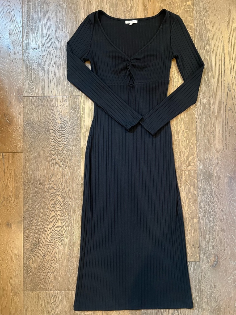 Z Supply Black Ribbed Long-Sleeve Midi Dress with Keyhole Twist